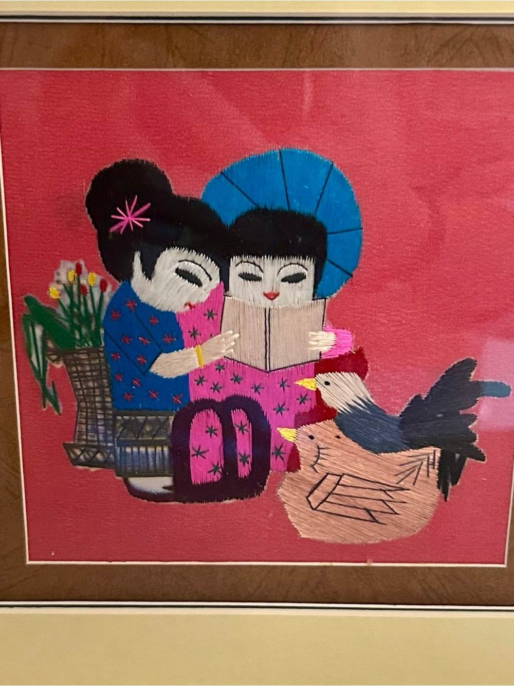 Vintage Framed Embroidered Folk Art
Asian Figures Reading